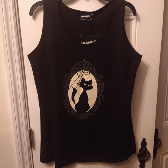 NWT GLOW IN THE DARK Cat Cameo Tank Top Banned Apparel Alternative Cobweb Kitty - Picture 13 of 14